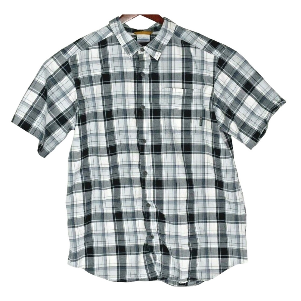 Columbia Button Up Shirt Mens XL Black White Plaid Regular Fit Short Sleeve